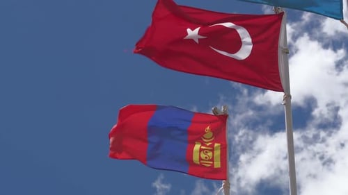 Flags of Turkey and Mongolia Waving in the Wind