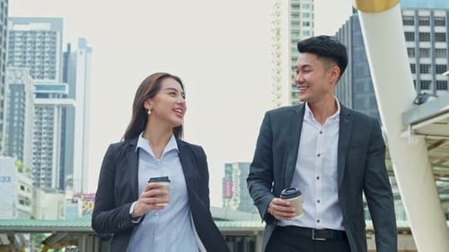 Asian young couple office business man and woman people walking at outdoor in city with confident