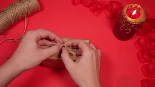 Hands Tie Twine Around Gift on Red Background