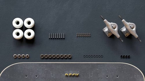 Skateboard assembly process. The animation shows elements of the board