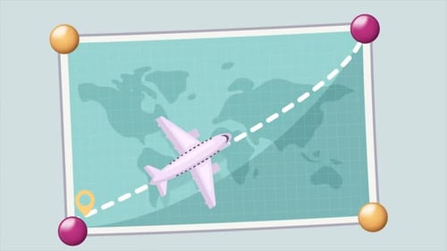 Animated Flat Design Airplane Travel Route on World Map
