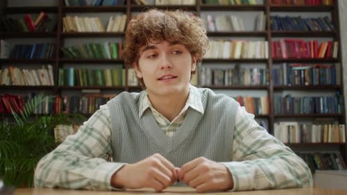 Young Adult Talking in Front of Bookshelf