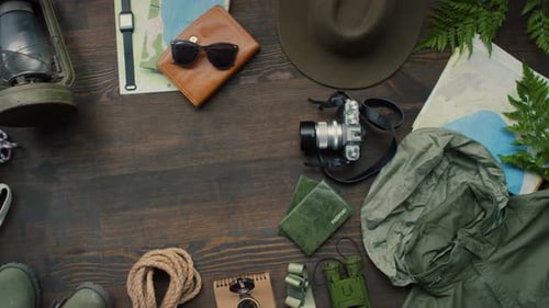 Top View Flat Lay of Travel Accessories and Gear