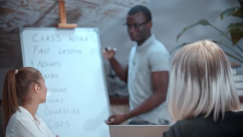 Englischunterricht in der Klasse mit einer afroamerikanischen Lehrerin - Zwei Frauen sitzen am Tisch und