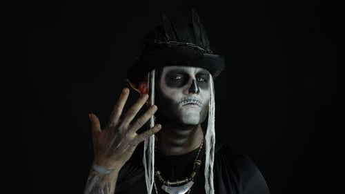 Skeleton Costume Face Reveal on Dark Background