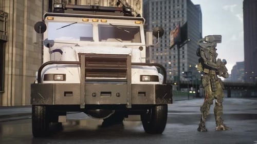 Futuristic Soldier Standing Guard Next to Armored Police Vehicle in City