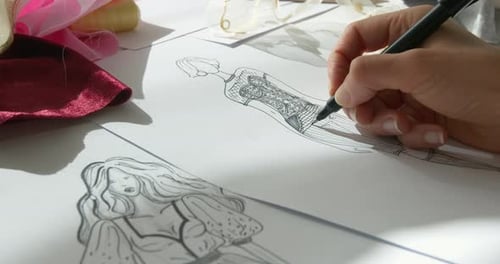 Fashion Designer Drawing Sketches of Stylish Dresses