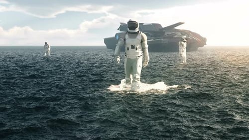 Futuristic Astronauts Walking on Ocean Surface with Spaceship