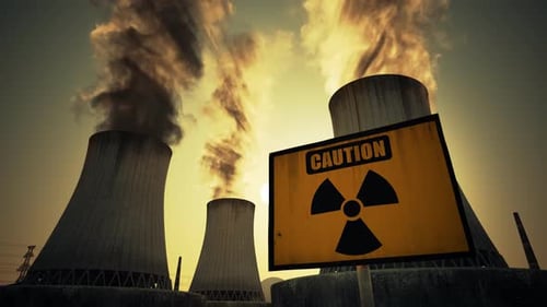 Nuclear power plant steaming cooling towers. Air pollution power station.Sunset