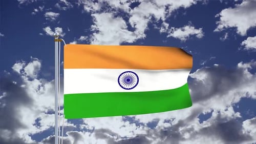 Realistic Indian Flag Waving in Blue Sky with Clouds