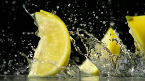 Slo-motion lemon falling into wedges against black drop