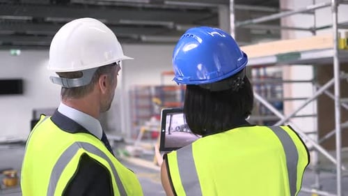 Mann und Frau diskutieren auf der Baustelle mit digitalem Tablet