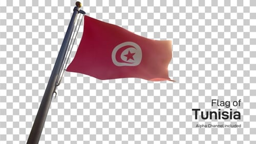 Tunisia Flag Waving with Alpha Channel on Flagpole