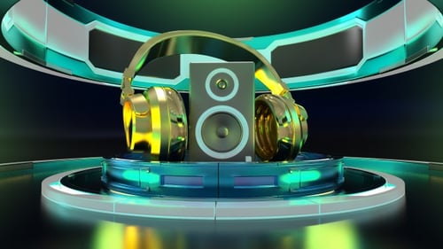 Futuristic 3D Music Stage Intro with Golden Headphones and Speaker