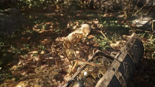 Animated 3D Skeleton Discovers Treasure Chest with Gold and Jewels
