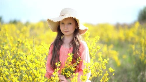 Young Girl Walks in a Rapeseed Field.