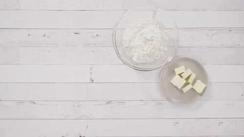 Baking Ingredients on White Wood Surface, Top-Down