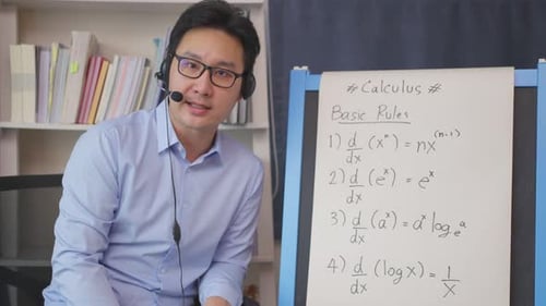 Asian school young man teacher work from home teach math lesson by remote online subject to student.