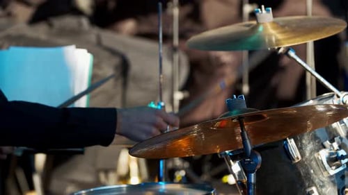 Drummer Is Playing on Stage, Close Up of the Drum Set with Ride Cymbal,