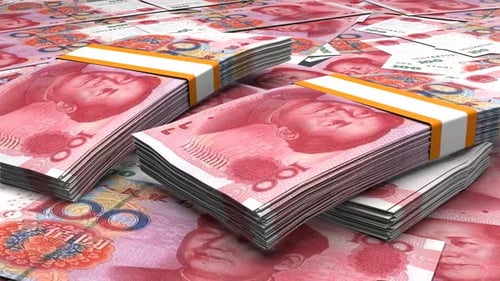Piles of Chinese Yuan Banknotes Falling Animation