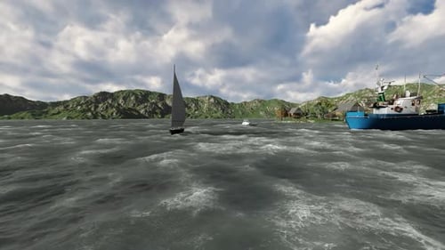 Realistic 3D Boats Sailing on Wavy Ocean Landscape