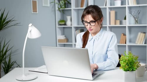 Woman Working on Laptop at Desk Indoors