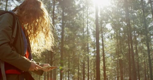 Woman Hiker Reads Map in a Forest