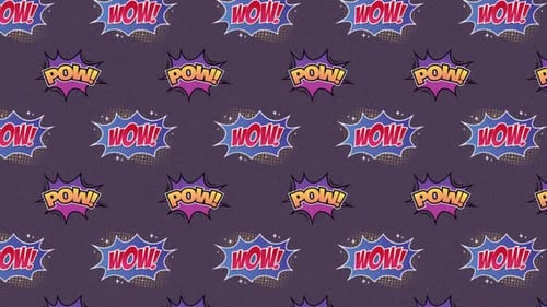 Animation of multiple vintage comic cartoon speech bubbles with Pow! and Wow! text moving