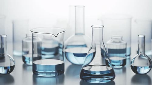 Science Laboratory Glassware with Blue Liquid for Research and Medical Projects