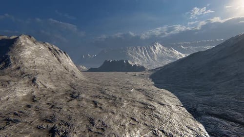 Dramatic 3D Flyover of a Barren Mountain Landscape on an Alien Planet