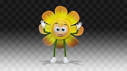 Friendly 3D Animated Flower Character Waving and Shrugging Loop