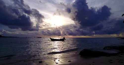 Beautiful aerial travel shot of a white sandy paradise beach and aqua blue water background in high