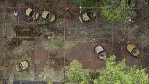 Aerial Top View of an Abandoned Amusement Park in Pripyat Ghost Town Exclusion Zone of Chernobyl