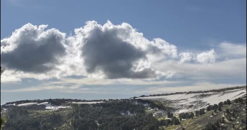 Scenic Clouds Over Snow Capped Forested Mountains