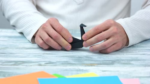 Hands Folding a Black Paper Origami Crane