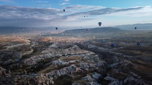 Aerial View of Hot Air Balloons Over Natural Landscape