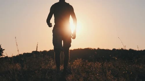 Silhouette of Young Man Walking in Field To Setting Sun and Raising Hands Up