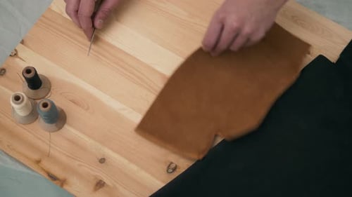 Retro Lifestyle, Close Up Man Craftsman Working with Natural Leather Bags or Shoes Small Business