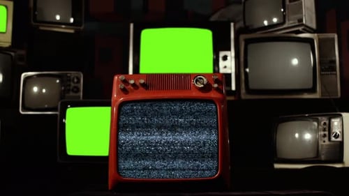 Vintage TVs Turning On and Off Green Screens. Zoom In. 4K Version.