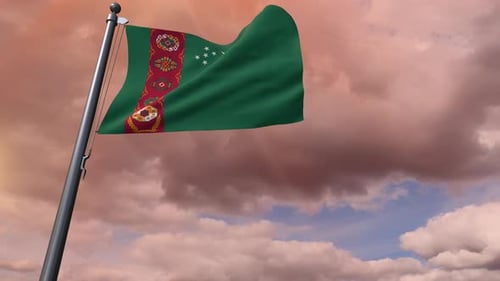 Waving Turkmenistan National Flag against Dramatic Sky