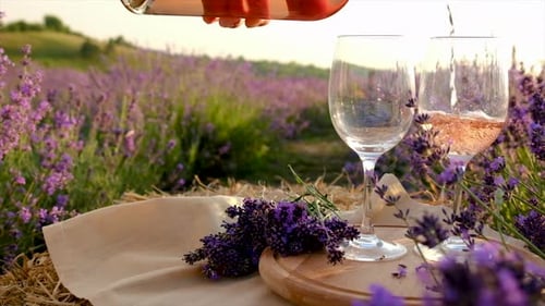 Vino de picnic en un campo de lavanda