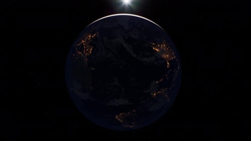 Realistic Earth Rotation with City Lights and Sunrise from Space