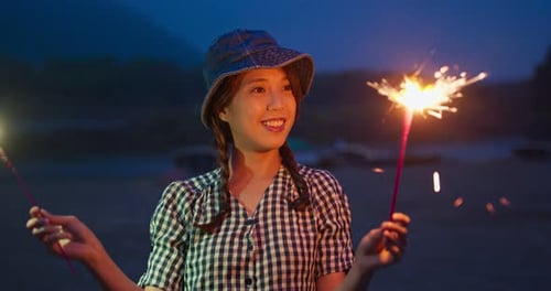 Woman Play Sparkler Firework