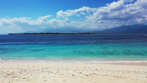 Aerial flying over tourism of marine tourist beach adventure by blue lagoon with white sand backgrou