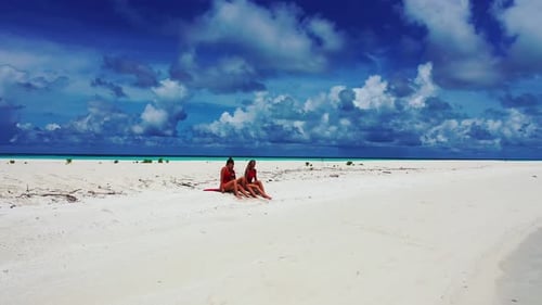 Sexy smiling ladies on vacation spending quality time at the beach on sunny blue and white sand 4K b