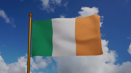 Realistic Waving Irish Flag Animation in Blue Sky