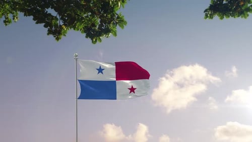 Panama Flag Waving Over City Skyline