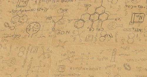 Black structural formulae of chemical compounds on paper
