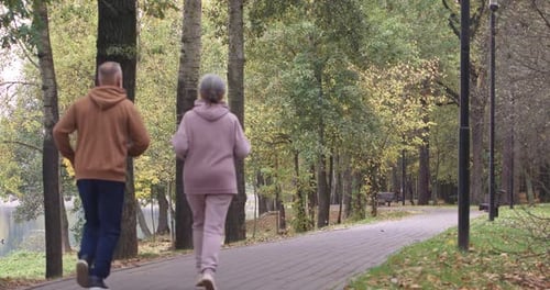 Wellness, Adult Couple Running Around a Forest Park, Autumn Day, Gray-haired Man and Woman Plays