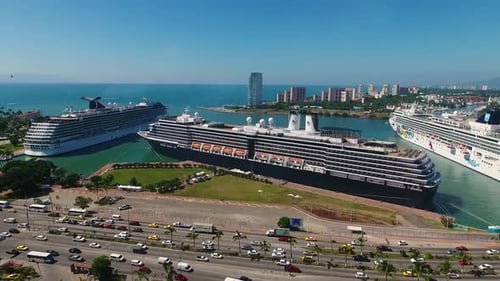 Aerial View of Cruise Ships in a City Port